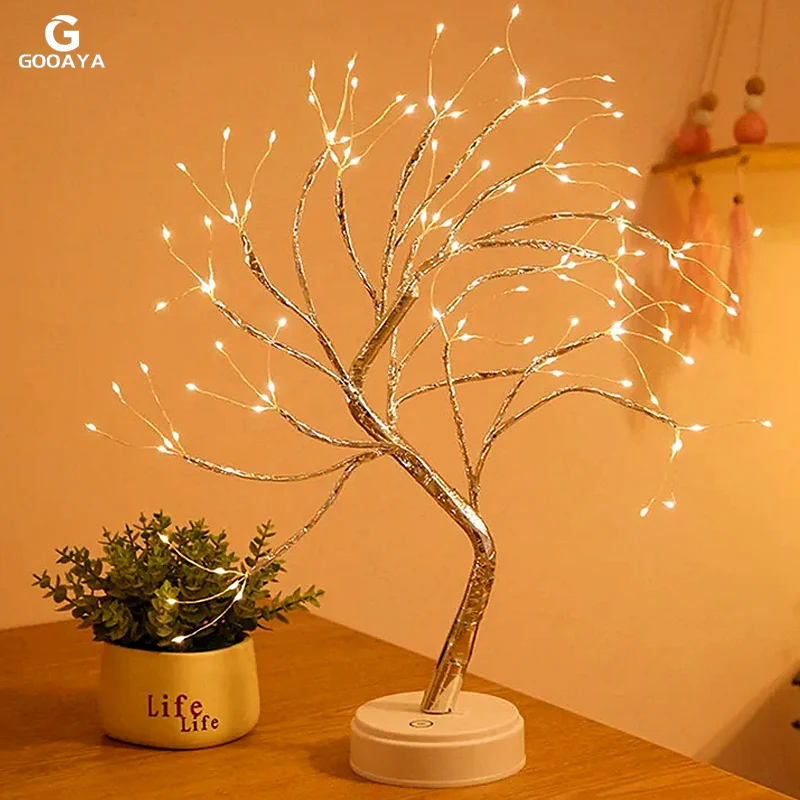 Mini árbol de Navidad con luz LED de noche, lámpara de guirnalda de alambre de cobre para niños, decoración del dormitorio del hogar, iluminación de