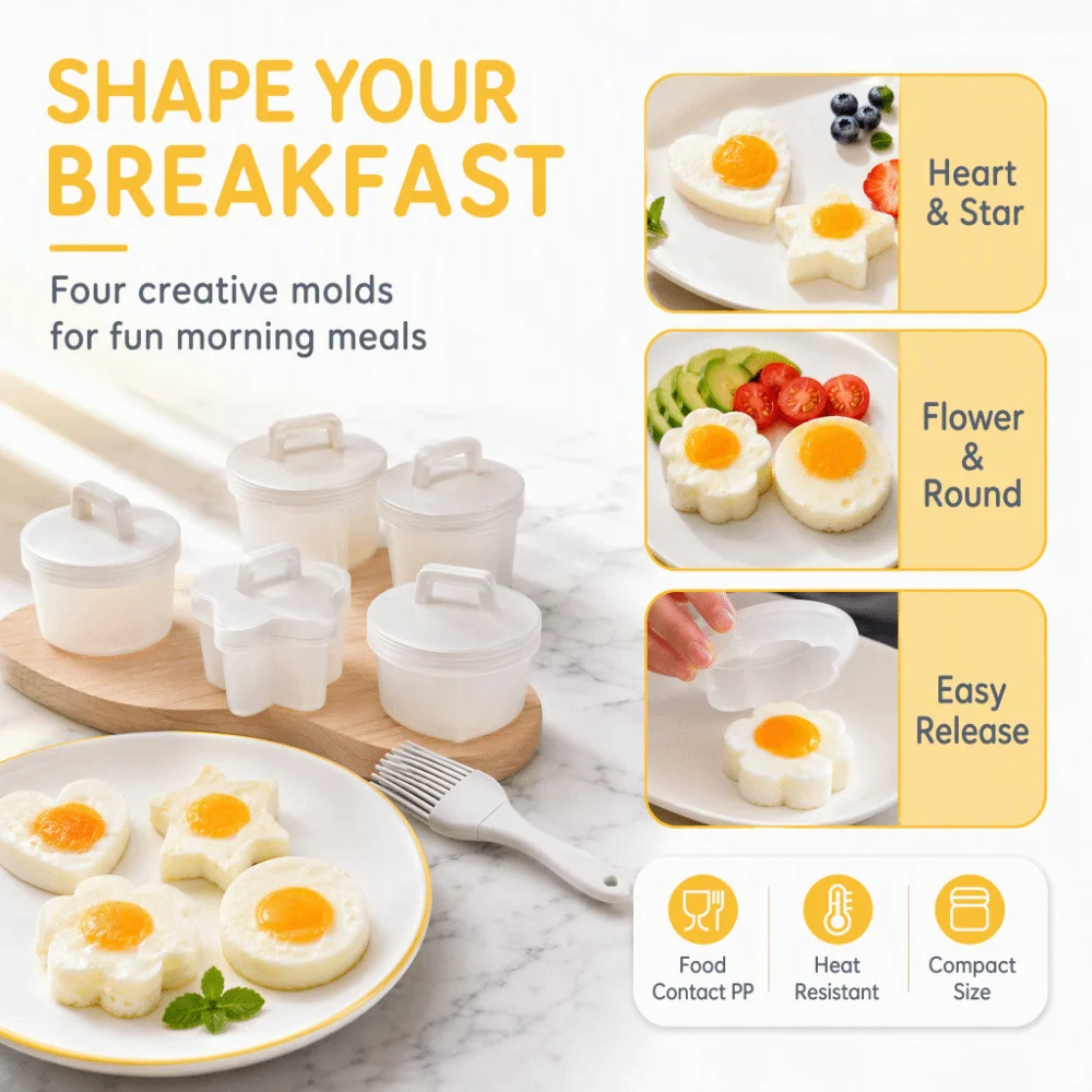 4PCS Heart Round Flower Egg Poacher Cup Five-Pointed Star PP Boiled Egg Maker Oil Brush Nonstick Poached Egg Cooker