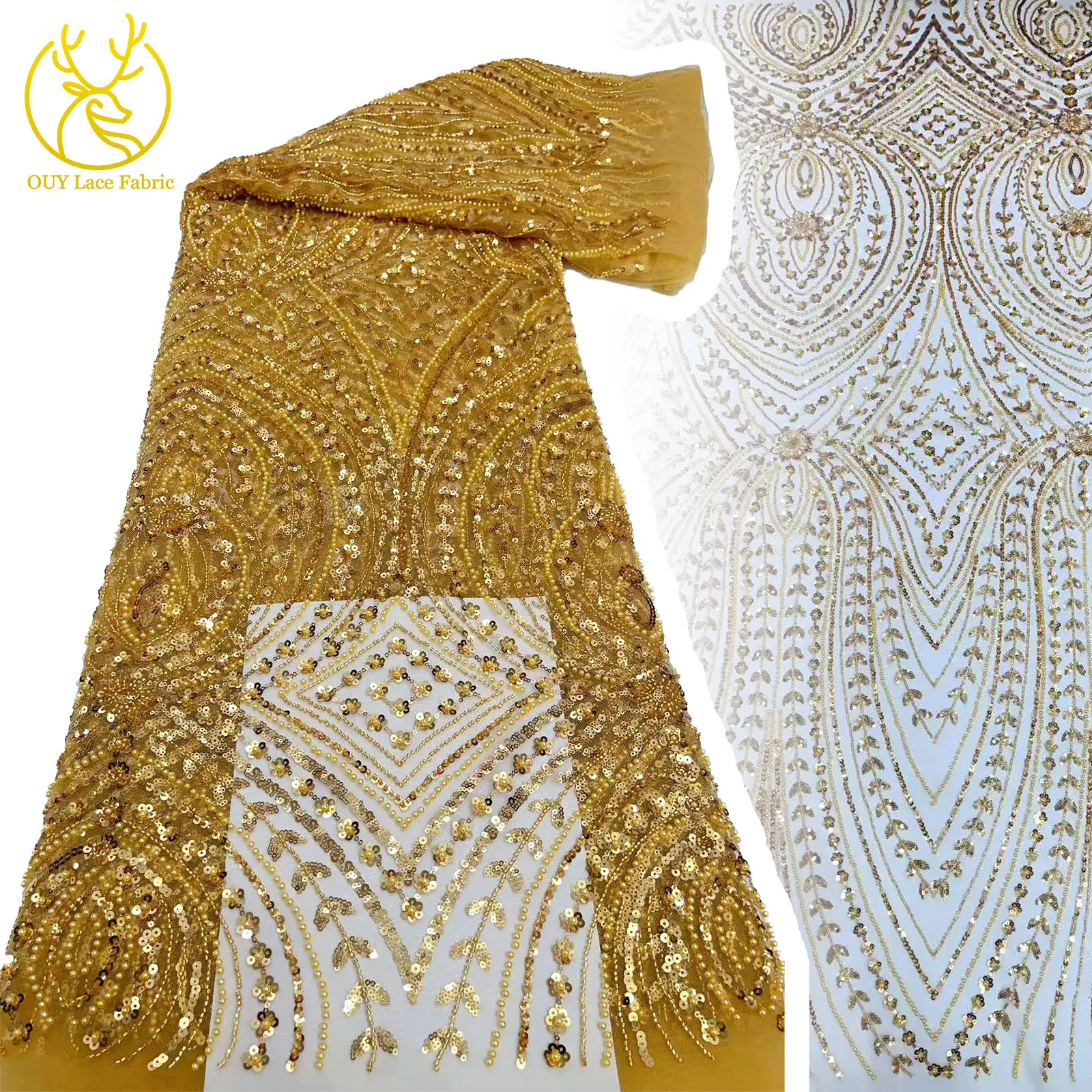 

Golden New Hot Sale African Handmade Beaded Sequins Mesh Lace Fabric 2025 High Quality French Bridal Party Evening Dress Sewing