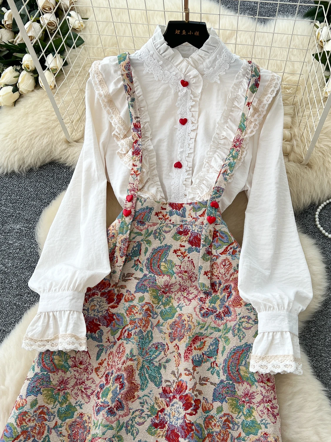 

Осенний женский наряд Ele with Sweet Lace Sves Long Sve irt и расклешенная юбка с вышивкой и высокой талией