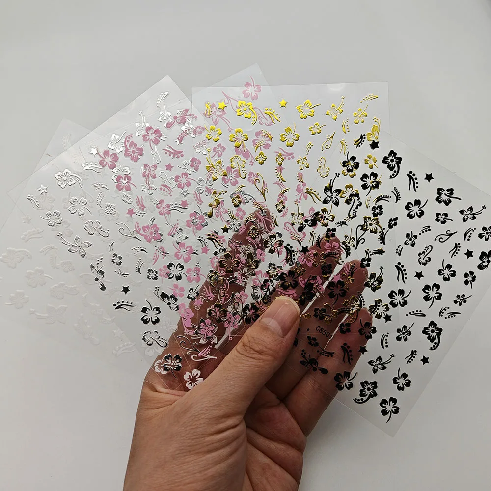 Hibiscus Flowers Nail Art Stickers 3D Flowers Hibiscus Nail Decals Self-Adhesive White Pink Gold Manicure Tropical Nail Slider