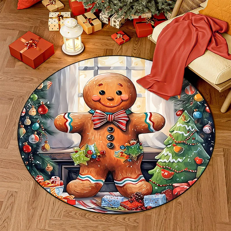 

Christmas Nursery Rug Pink Snowman Playmat for Kids Room Santa Claus Toddler Round Carpet Gingerbread Man Non Slip Circle Rug