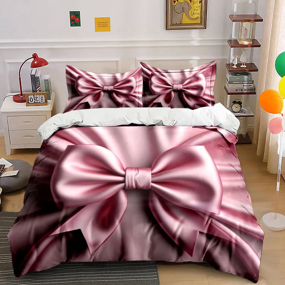 Luxury Pink Satin Bow Silk Bedding Set, Glossy Shiny Ribbon Bow Solid Print Duvet Cover Set, Elegant Bed Linen For Wedding Room