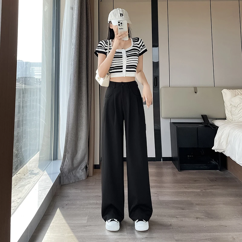 New Women'S Summer Thin Straight Tube Loose Hanging Feeling Floor Trousers Fashion Versatile High Waist Wide Leg Casual Pants