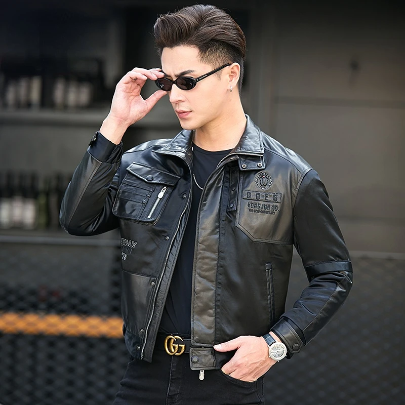 New Spring and Autumn Men's Real Sheepskin Clothing Short Lapels Youth Genuine Leather Coat Black Motorcycle Jacekt Flight Suit