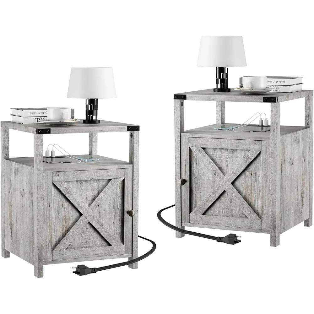 

Farmhouse Nightstand Set of 2, Rustic End Table with Storage, Bedroom Night Stand, Industrial Bedside Table with USB Ports and O