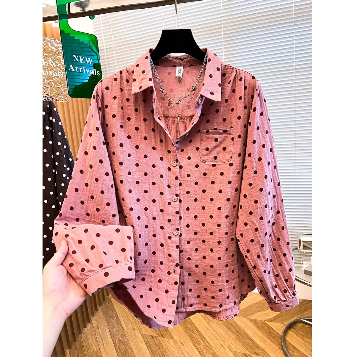 

Весенне-осенний хлопково-льняной свободный утягивающий длинный женский модный винтажный тонкий кардиган в горошек, топ