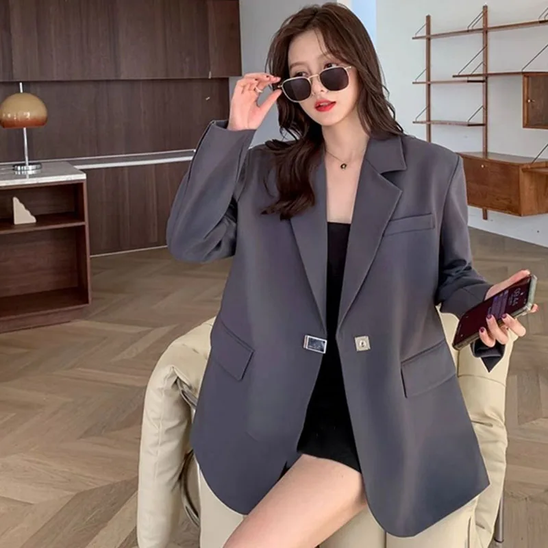 Spring Autumn Femme Leisure Solid Color Blazer Coat 2025 Women Long Sleeves Top Jacket Korean Ladies Fashion Loose Suit Outwear