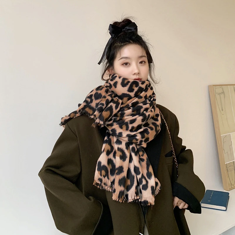 Newest  Printed Leopard Cashmere-Like Scarf For Women Winter Shawl Windproof Protection Outdoor Keep Warm Scarves Wrap  210*80cm