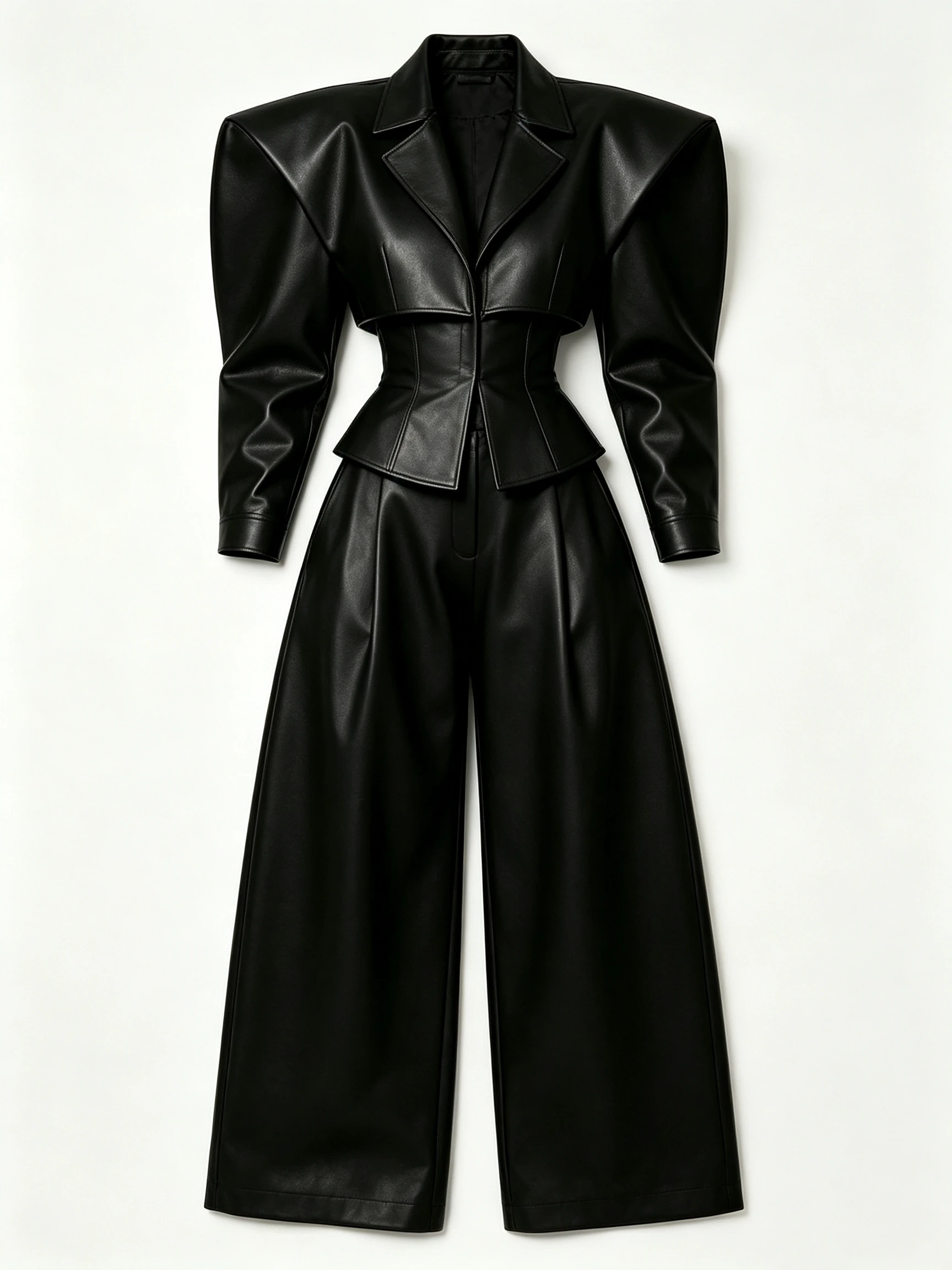 Luxury Black Faux Leather Two-Piece Set with Structured Shoulders and Peplum Waist