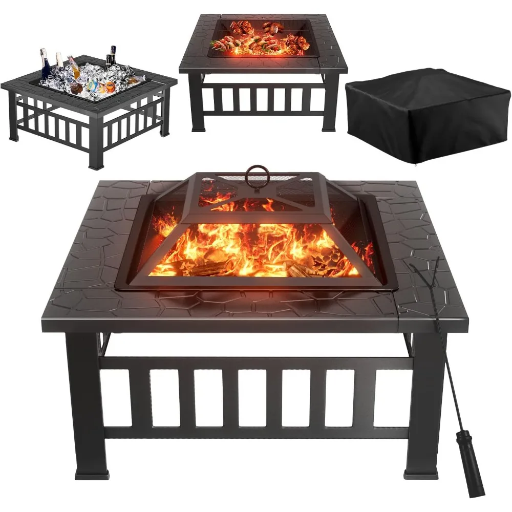 

Fire Pit Table, 32in Square Metal BBQ Firepit Stove Backyard Garden Fireplace with Spark Screen Lid and Rain Cover for Camping