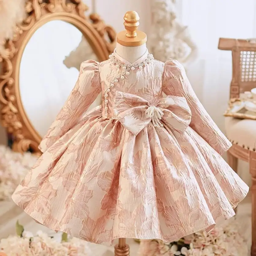 Children's Princess Evening Gown Bow Pearls Design Birthday Christening Girls Party Dresses  a3399 Vestios