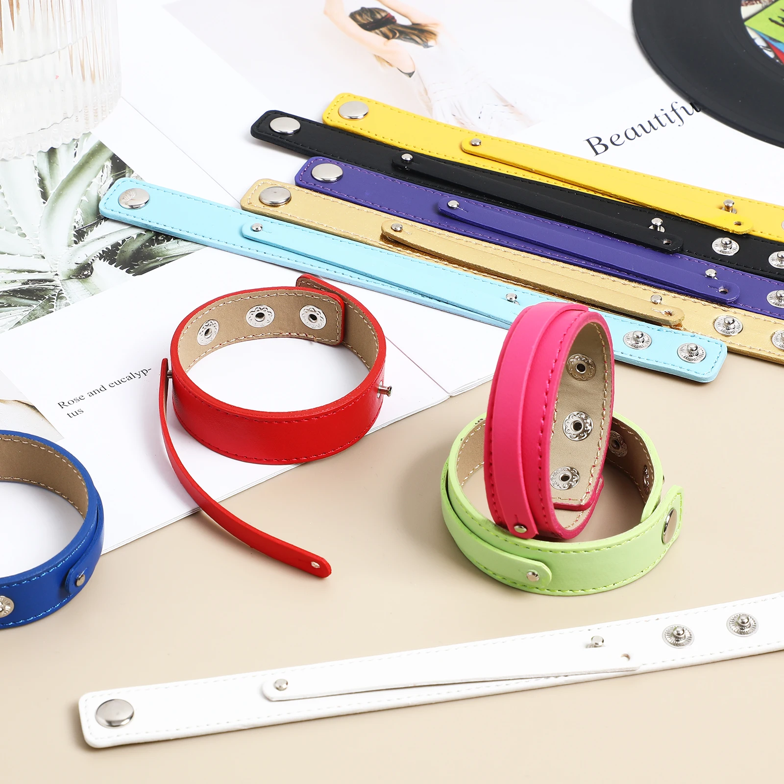 

10 Pcs Colorful Wristbands Women Men Adjustable Blank Cuff Bracelets DIY Straps Snap Fastener Jewelry Accessories