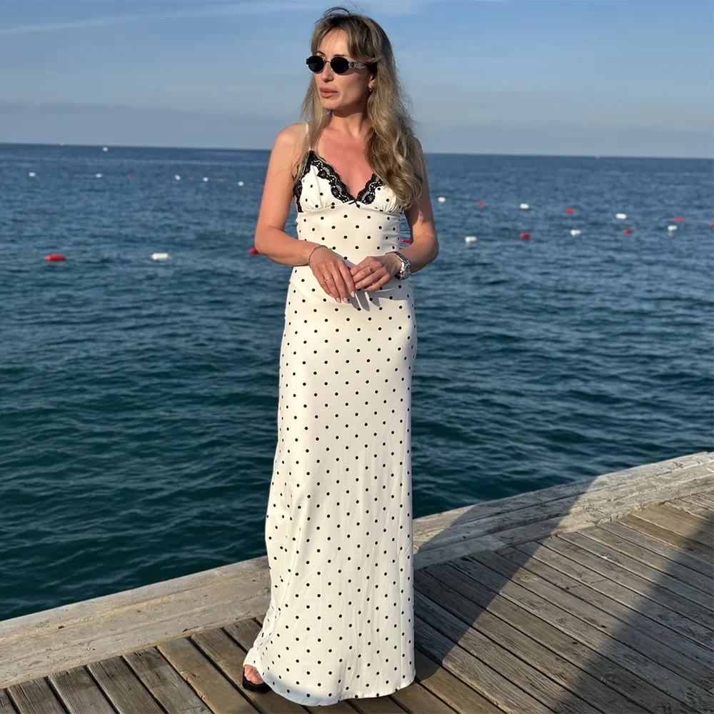 

Lace Spaghetti Strap Long Dress Women's Elegant Retro V-Neck Polka Dot Sleeveless Dress Summer Patchwork Party Dress