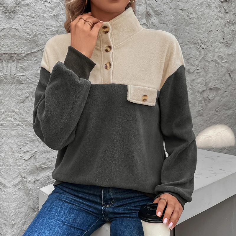 

Women's Dark Grey Beige splice Half-Button Stand Collar Sweatshirt Autumn Winter Casual Loose Fleece Pullover Top