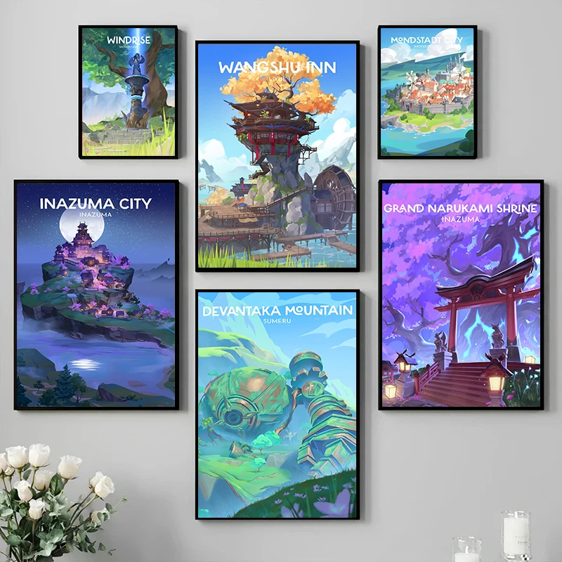 ملصقات المناظر الطبيعية لعبة تأثير Genshin ، طباعة قماش شعبية ، جدار الفن ، صورة اللوحة ، غرفة المعيشة ، غرفة النوم ، ديكور المنزل