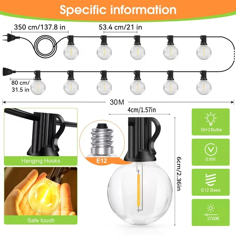 8M/24M/45M Outdoor Garten Lichterketten G40LED Bruchsichere Glühbirne IP44Fairy Lampe 2700K Hochzeit Weihnachten party Decor Girlande Lampe – Detail 8