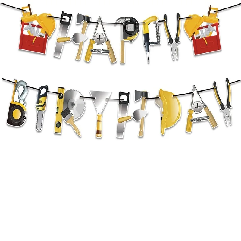 Toolbox Banner,Boy's Happy Birthday Pull Flag,Spanner, Hammer, Saw, Screwdriver, Level, Tape Measure, Axe Banner