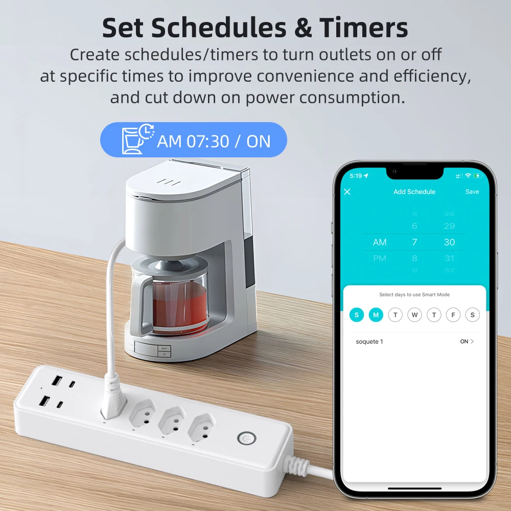 AVATTO Smart Brazil Plugs,Tuya WiFi Power Strip 4 Outlets Plug 2 USB 2 type-c  Work for Alexa Google Home