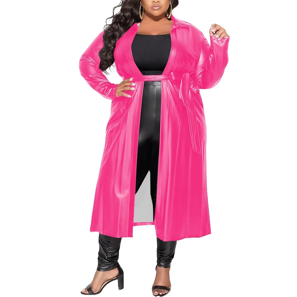 

Womens Long Oversized Soft PU Leather Trench Coat Turn-down Collar Cardigan Maxi Coat with Belt Plus Size Club Coat Streetwear
