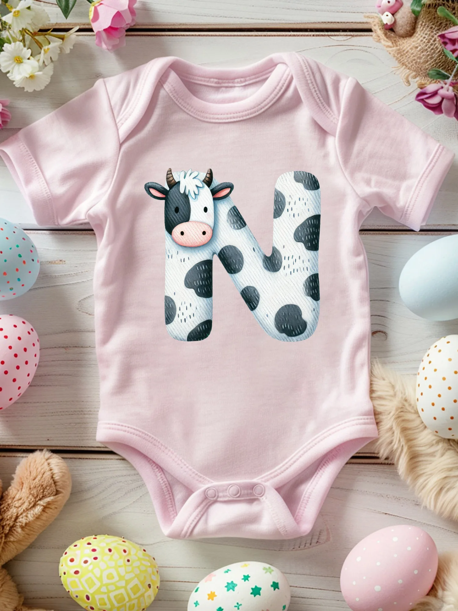 

Cute Cow Font N Unisex Baby Crawling Suit, 100% Cotton Soft Onesie, All-Season Wear Pink Bodysuit 190GSM