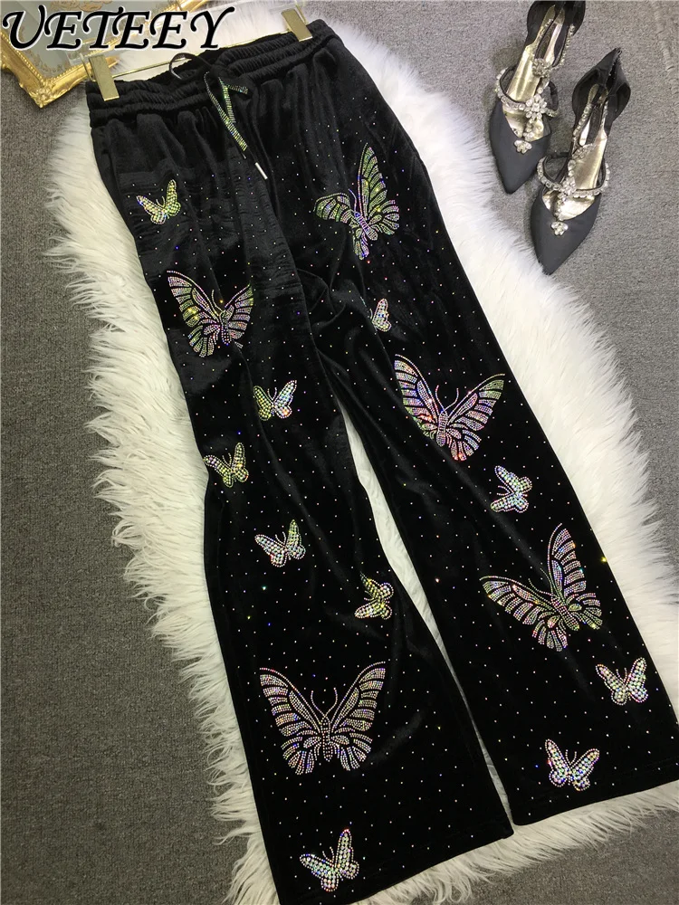 

European Goods Heavy Industry Hot Diamond Straight Pants Women's Black Butterfly Elastic Waist Gold Velvet Long Trousers