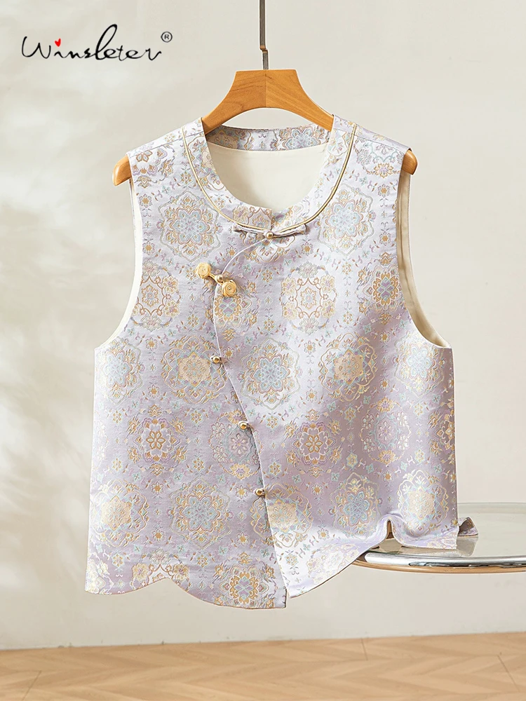 

Winsleter-100%Real Silk Song Brocade Elegant Vest Coat, O Neck Geometry, Women Chic Versatile Waistcoat, 2025 Winter C5N502CC