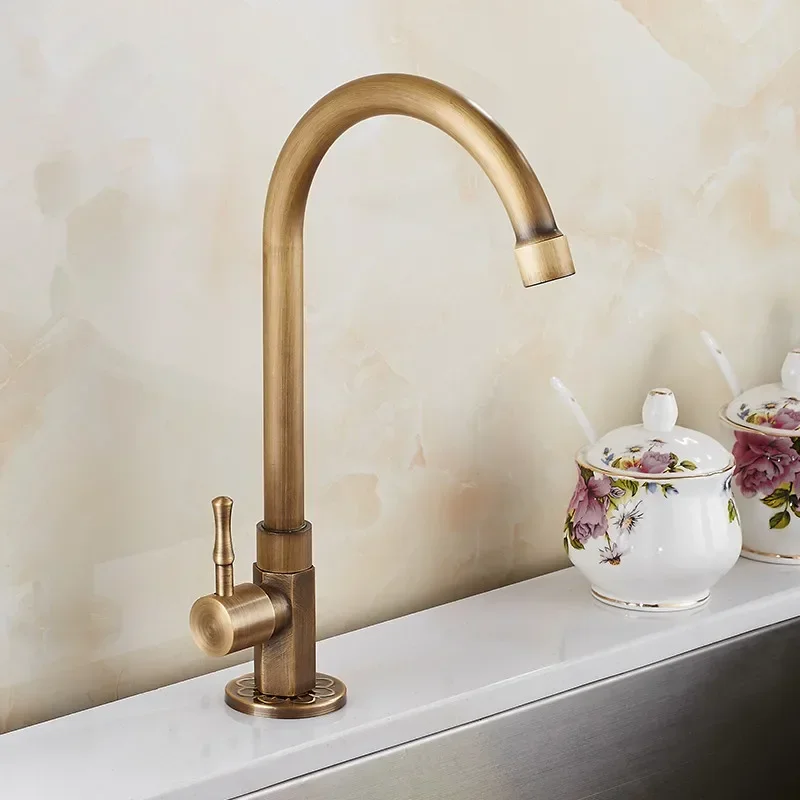 高品質真鍮製クラシック冷水専用キッチンシンク蛇口-グースネック-シングルレバー-屋外用タップ-ブロンズブラシ仕上げ