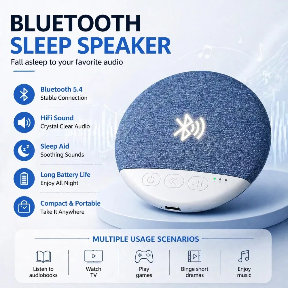 Mini Caixa de Som Bluetooth 5.4 para Dormir com Sons da Natureza e Ruído Branco, Soundbar Sem Fio, Reprodutor de Música MP3, Máquina de Som para Colocar Abaixo da Almofada