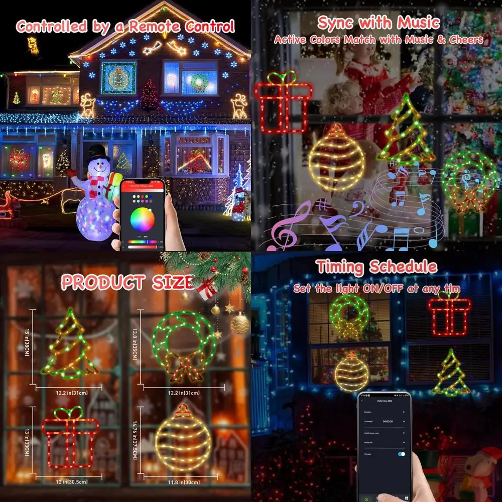 

4-Piece LED Christmas Silhouette Window Decorations: Tree, Wreath, Gift, Ball with 16M Colors