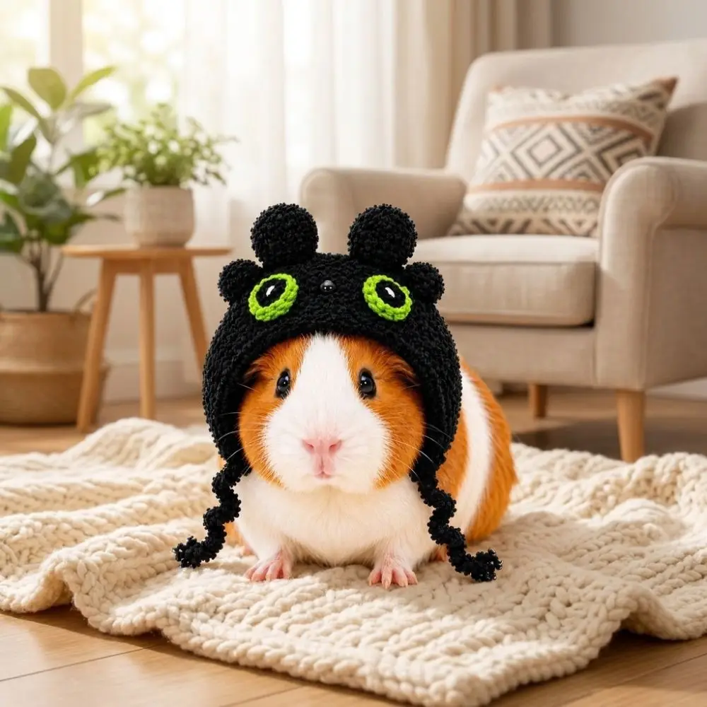Adjustable Ties Small Pet Plush Crochet Hat Sunflower Bear-Shaped Hamster Knitted Hat Shape-Retaining Hand Crocheted