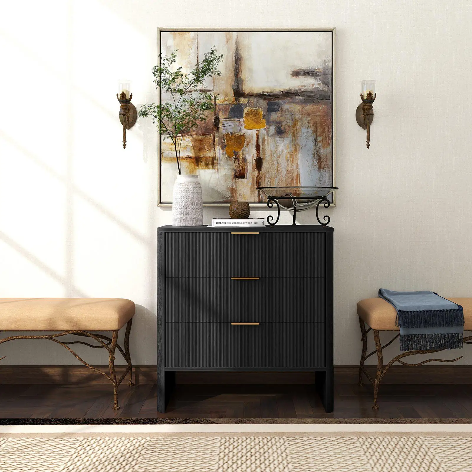 

Деревянный шкаф с 3 ящиками и волнистым узором, современный прикроватный туалетный столик для спальни, длина 78 см, черный цвет