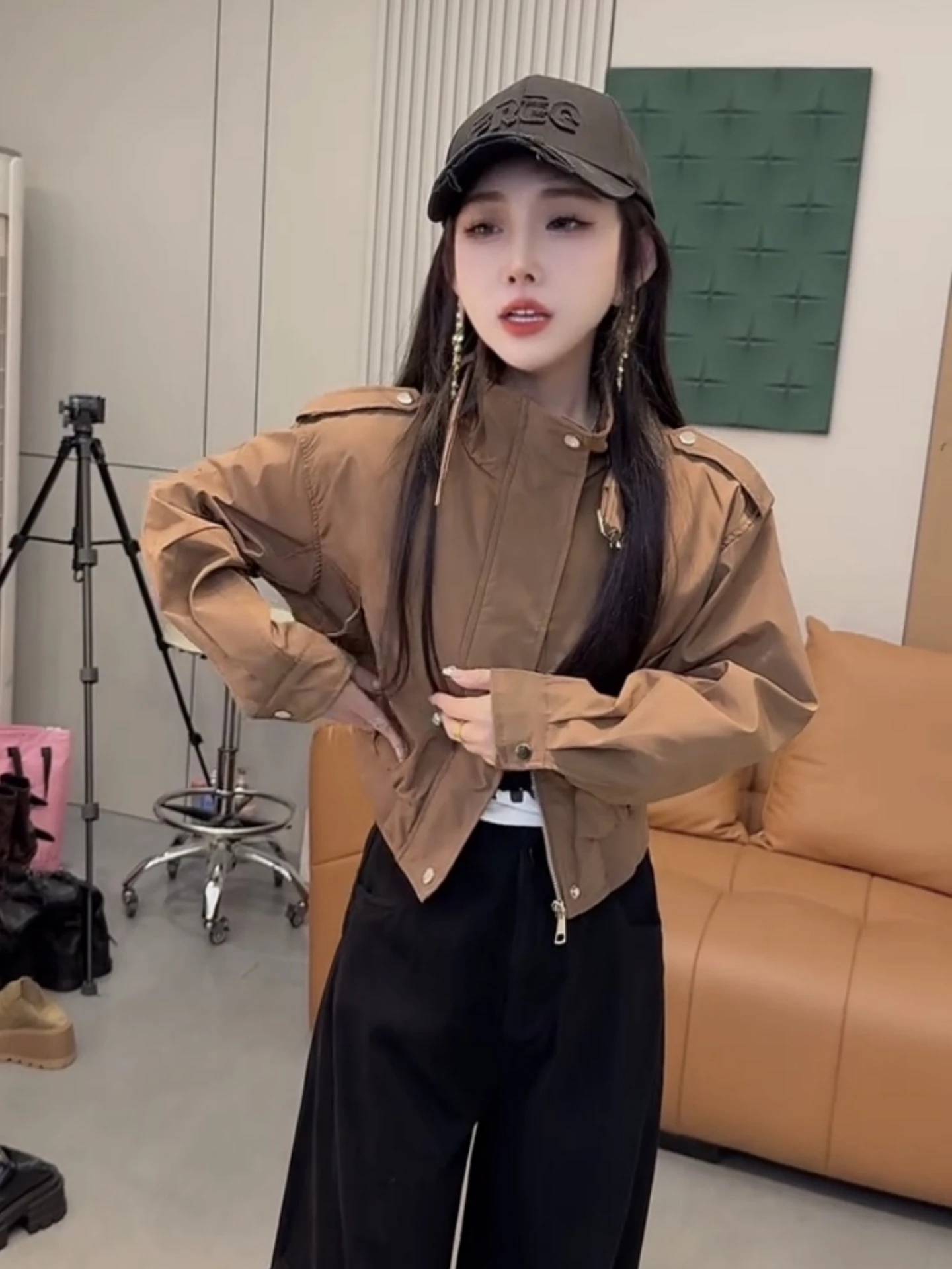 cool-ort-biker-baseball-jaet-women's-loose-casual-anti-aging-stand-collar-tie-waist-jaet-outerwear-for-ladies