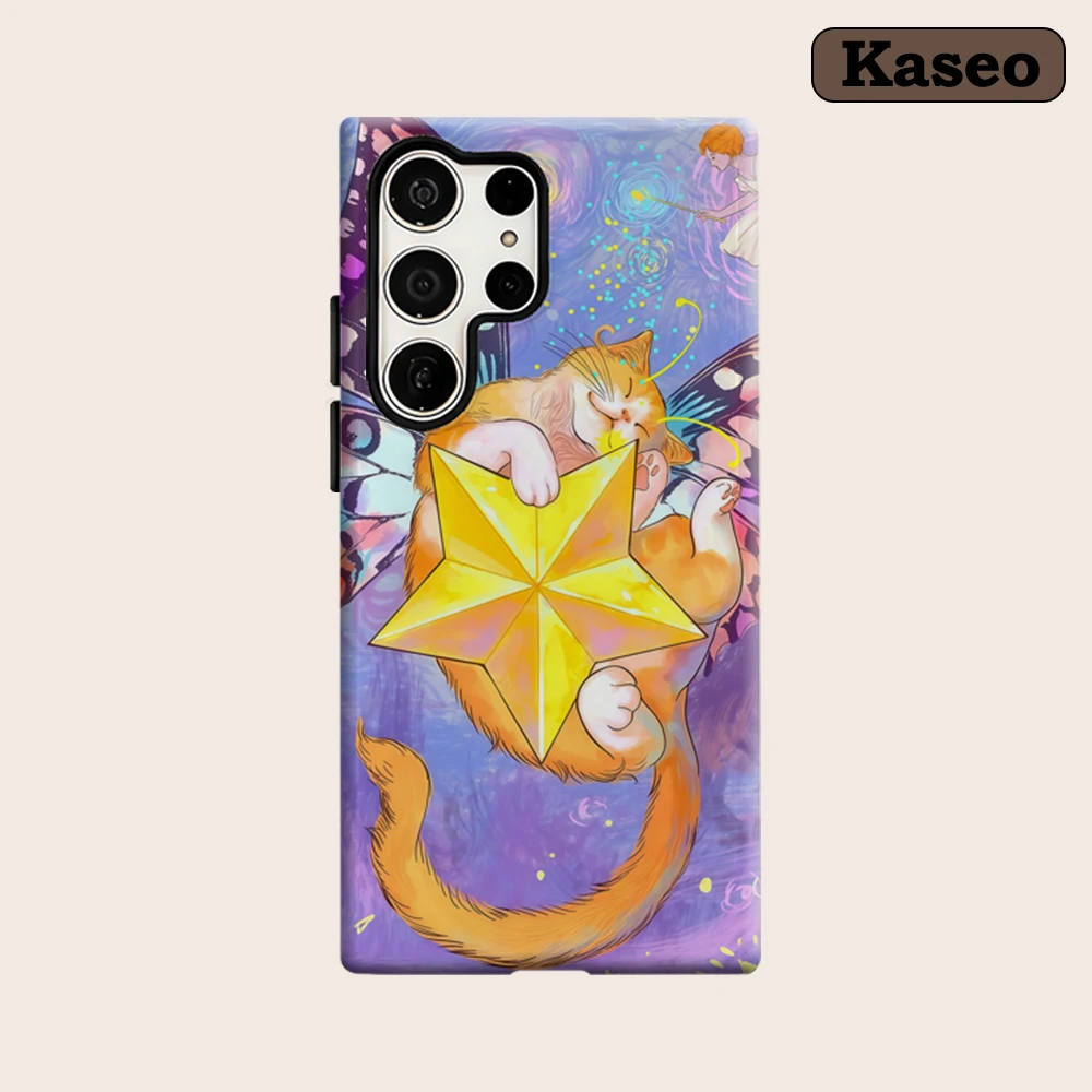 Kaseo Phone Case for Samsung Galaxy S26 S25 Ultra S24 Ultra Plus Shockproof Double Layer Butterfly Cat with Golden Star Cover