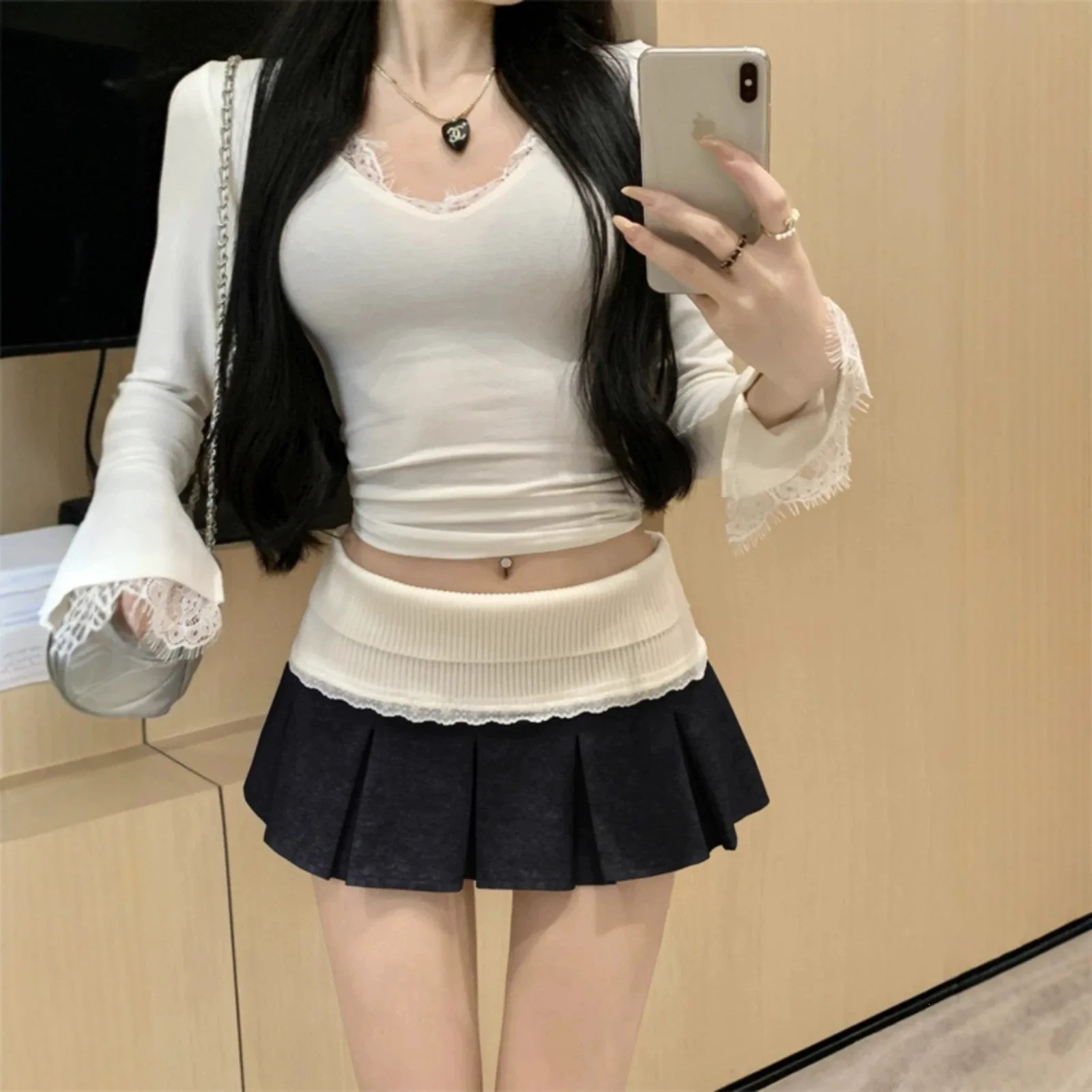 Ladies Contrast Color Pleated A‑Line Skirt Lace Trim Splicing High Waist Slim Fit Hot Girl Short Half Skirt For Daily Streetwear
