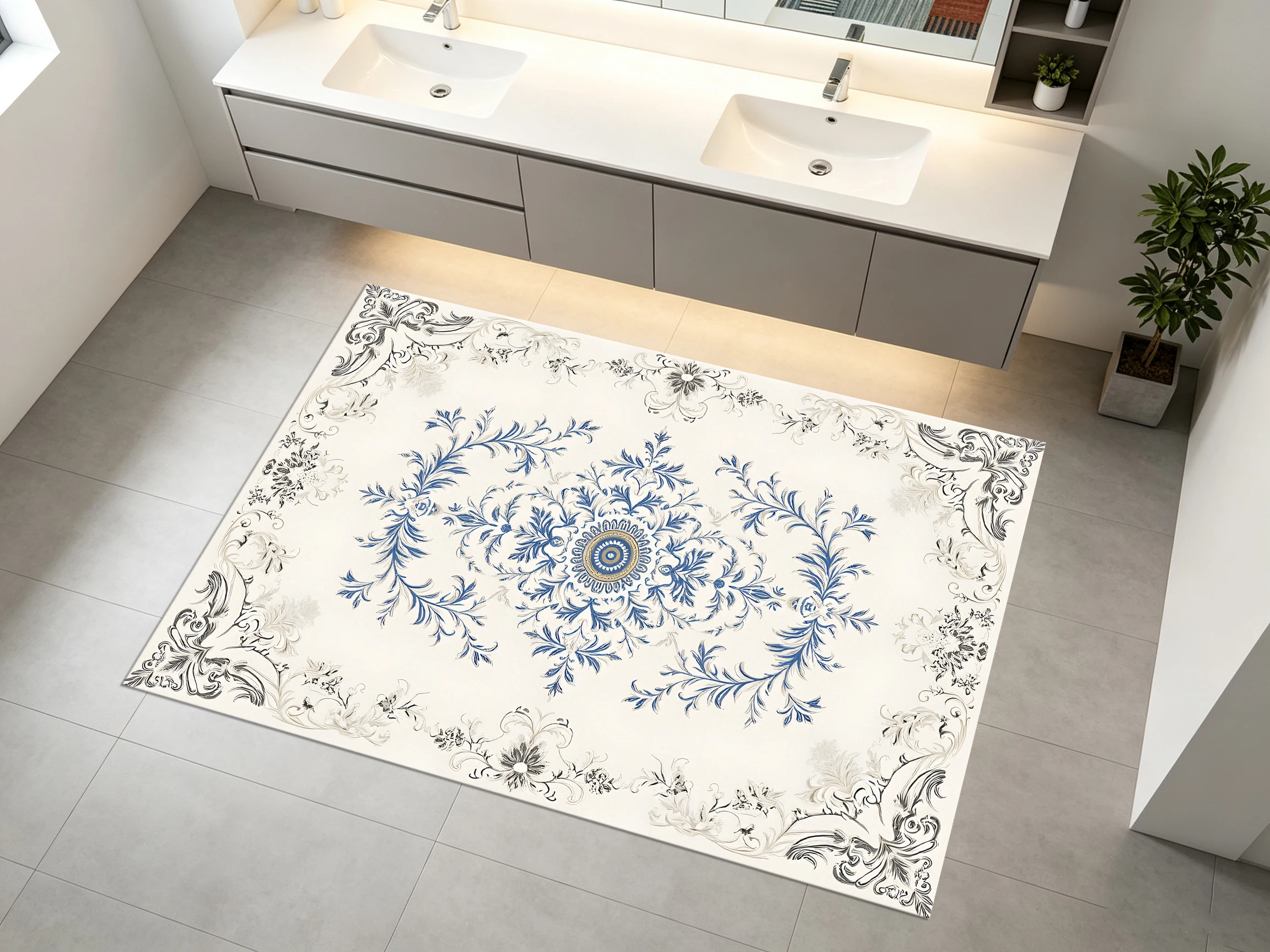 2D Velvet Rug in Creamy White & Blue Tones, French Retro Style, Soft & Skin-Friendly, for Living Rooms & Bedrooms