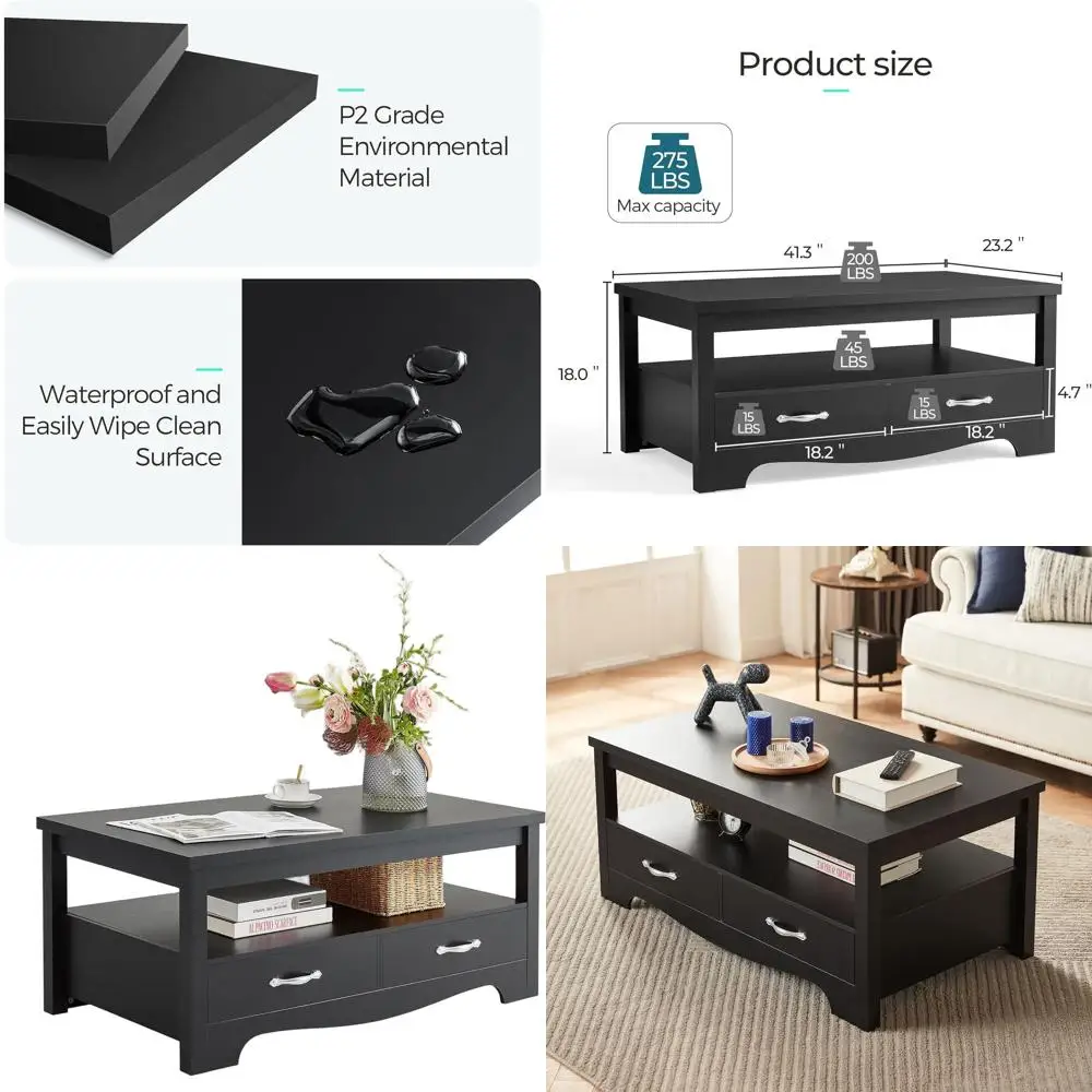 

Black Chic Farmhouse Coffee Table with Storage, Wooden Living Room Furniture featuring Open Shelves and Drawers, Curved Base Des