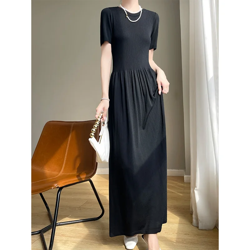 Knitted Short Sleeve Dresses Summer Women's Knit Long Dress Simple O-Collar Casual Holiday Dress Women Comfortable Vintage Dress