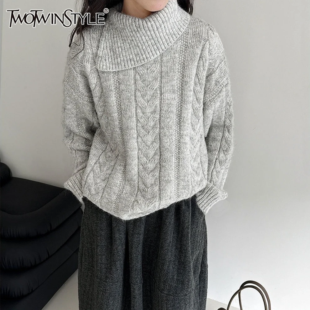 TWOTWINSTYLE Solid Spliced Folds Irregular Sweater Female Turtleneck Long Sleeve Minimalist Women's Sweaters Autumn Fashion New