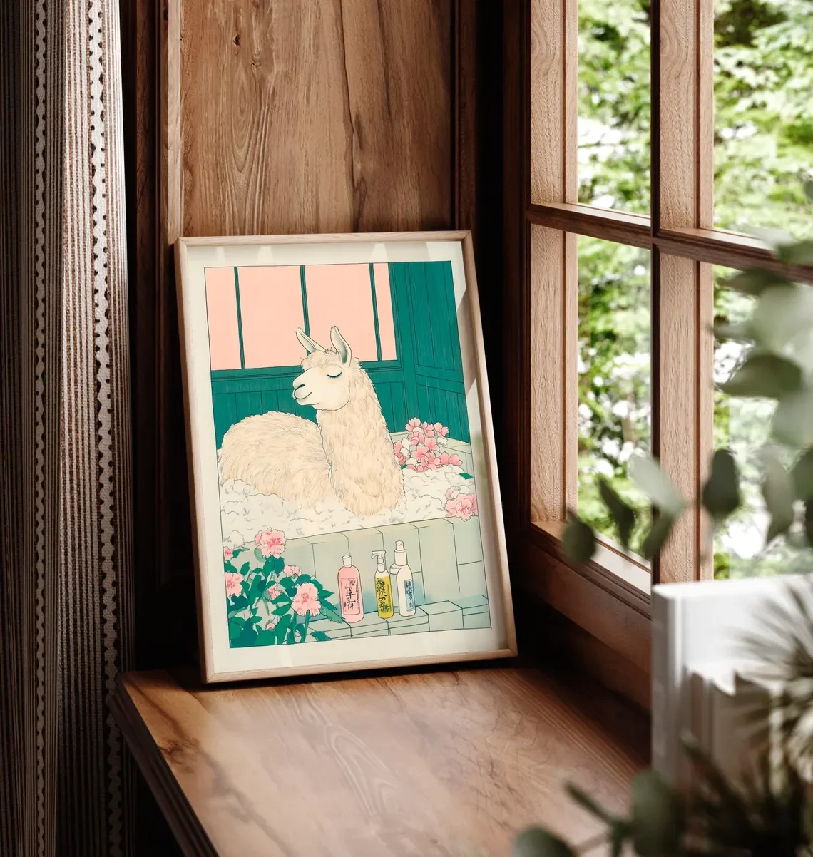 "Ukiyo-e Llama Bathtime Wall Print Decor - Japanese Woodblock Style Illustration of a Relaxed Llama in a Bubble Bath with Pink F view 2