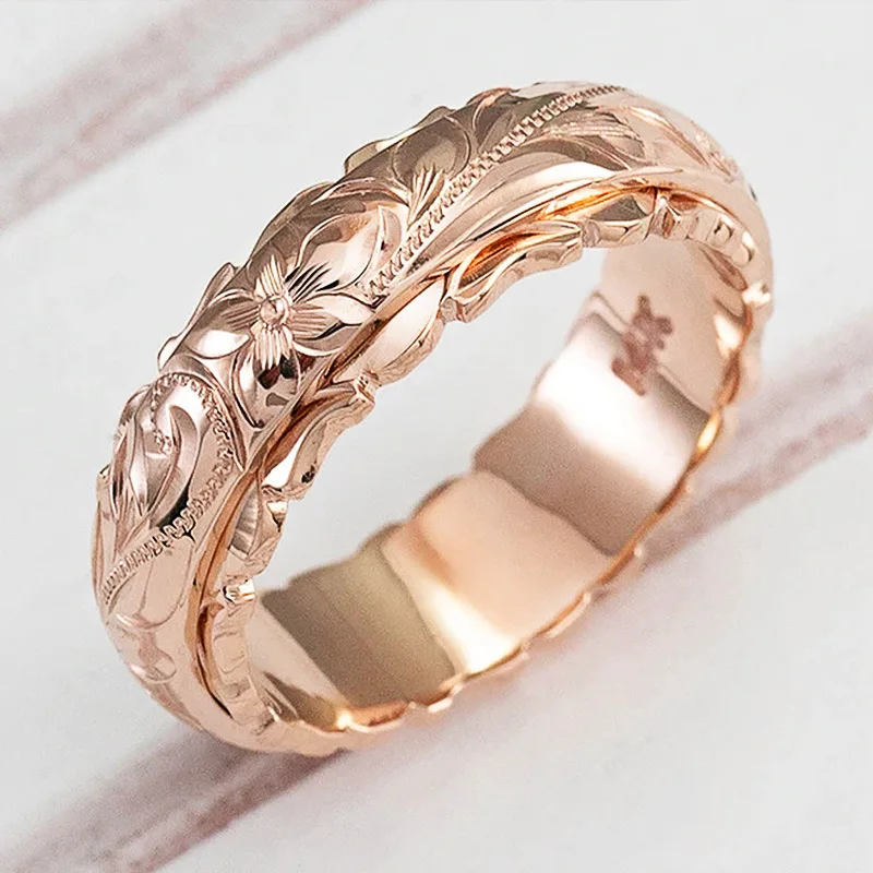 Yellow Gold Suspended Carved Rose Flower Ring for women and men gold rings 14 k Women\'s jewelry rings Wedding Anniversary 2021