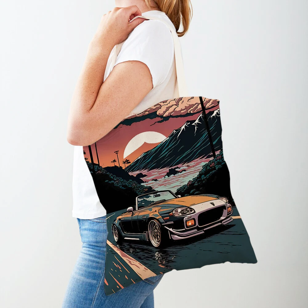 

80s Retro Jdm Car Poster Aesthetic Women Shopping Bags Double Print Casual Canvas Handbag Art Driver Shopper Bag Lady Tote