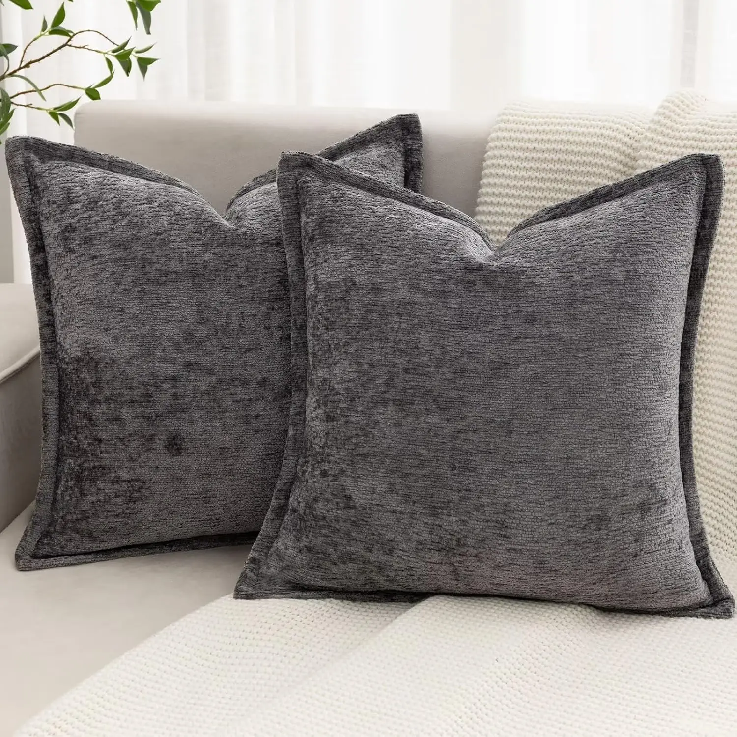 

Grey Decorative Throw Pillow Covers 20X20 H Set Of 2 Cozy Soild Chenille Cushion Cases Soft Textured Square Couch Pillows Cover
