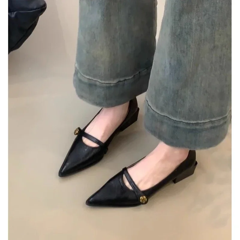 

Vintage low-heeled shoes women's shoes 2025 spring and summer new fashion gold buckle pointed thick-heeled small leather shoes