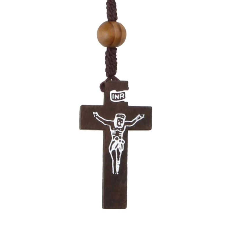 Wooden Grain Beads Jesus for Cross Rosary Necklace Carved Rosary Pendant Christian Jewelry Necklace Harajuku Relig