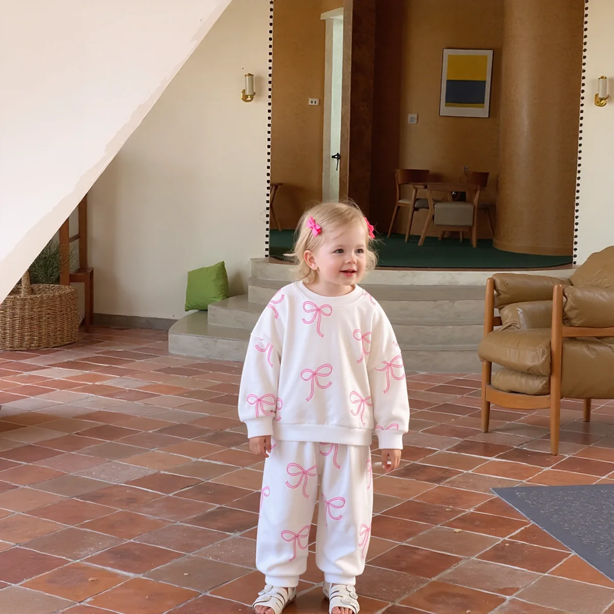 Ropa para Bebé Niña, Nuevo Diseño de Moda, Conjunto de Primavera/Otoño, Estampado de Lazo, Manga Larga, Pantalones Largos, Conjunto de Dos Piezas, Ropa para Bebé Niño