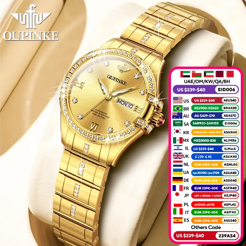 OUPINKE 3195 Orologi da donna in oro con diamanti di lusso Orologio da polso meccanico automatico per donna Cinturino in acciaio inossidabile impermeabile