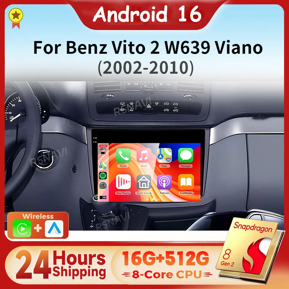 Snapdragon Android 16 Qualcomm Carplay DSP Car Radio Multimedia Player For Mercedes-Benz Vito Viano 2 W639 2003-2015 Stereo 2din