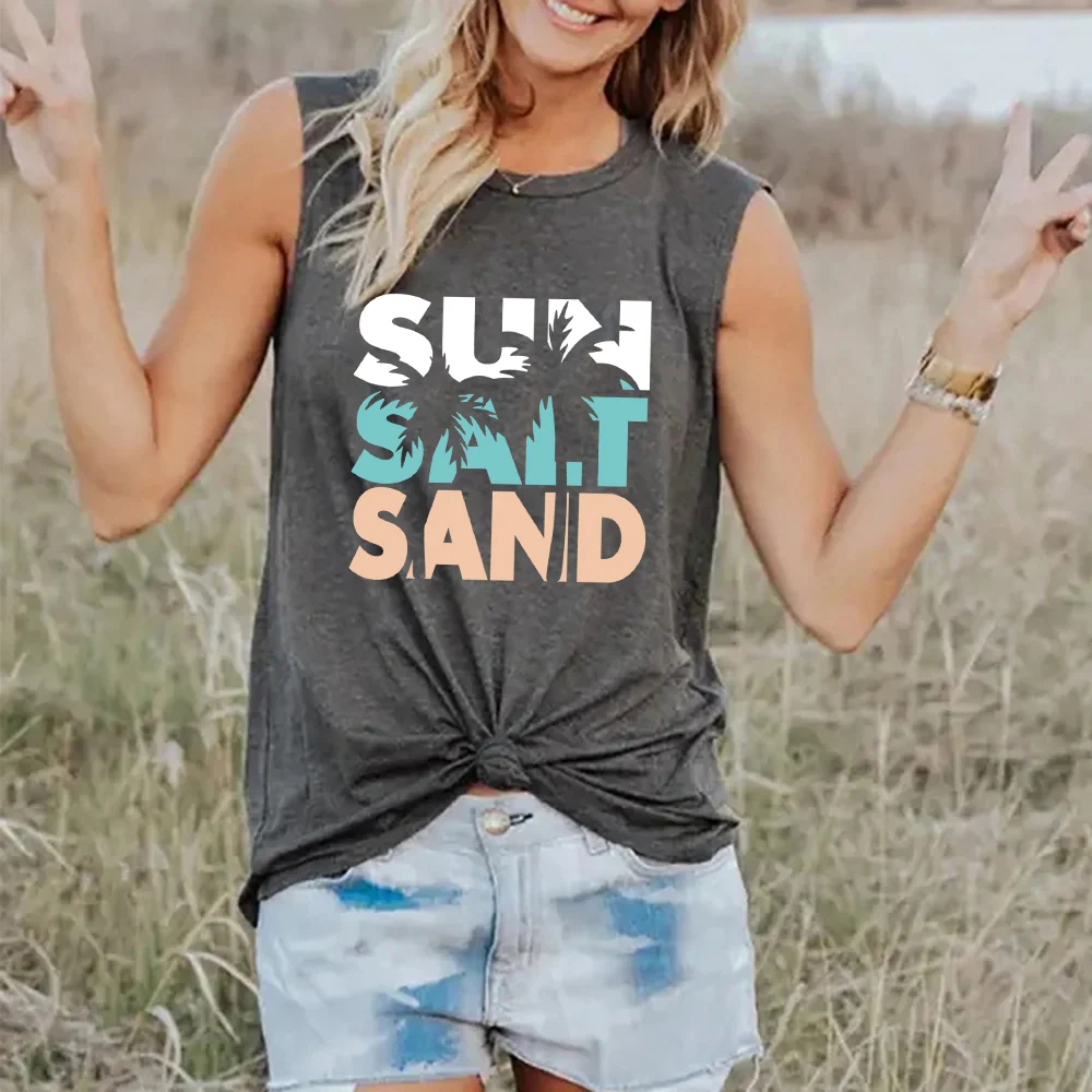 여성용 대형 캐주얼 민소매 탱크 탑 티셔츠, SUN SAIT SAIT SAND 코코넛 나무, 글자 프린트, 루즈, 여름
