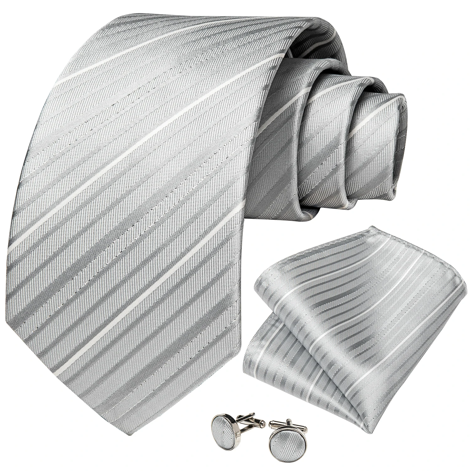 Grau-Silber-Weiß gestreiftes Paisley-Blumenmuster 8cm Herrenkrawatte, Einstecktuch, Manschettenknöpfe, Business-Hochzeits-Bräutigam-Accessoires, Krawatte – Detail 7